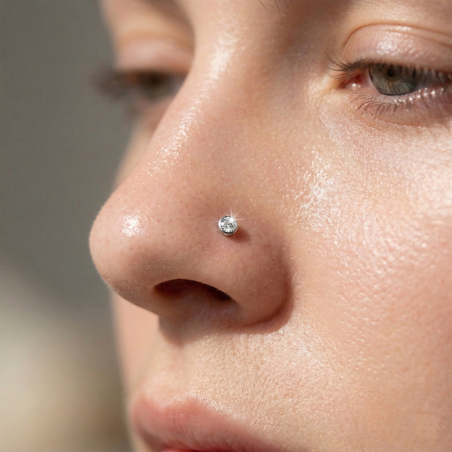 Clear CZ bezel stud shown on nostril piercing