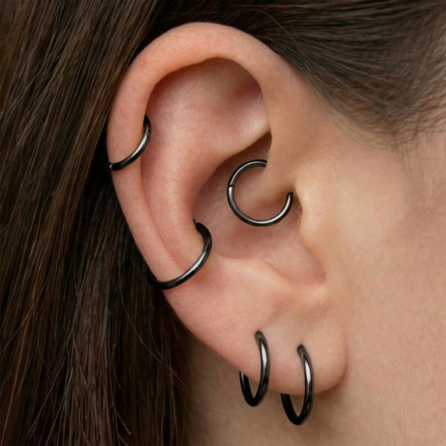 Black titanium hinged hoop size comparison 6mm to 10mm