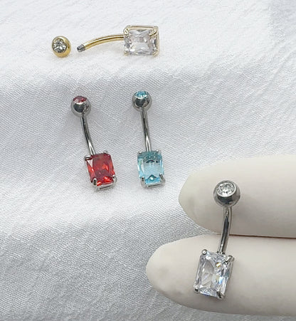 Titanium belly ring with CZ top and rectangle brass prong CZ for navel piercing