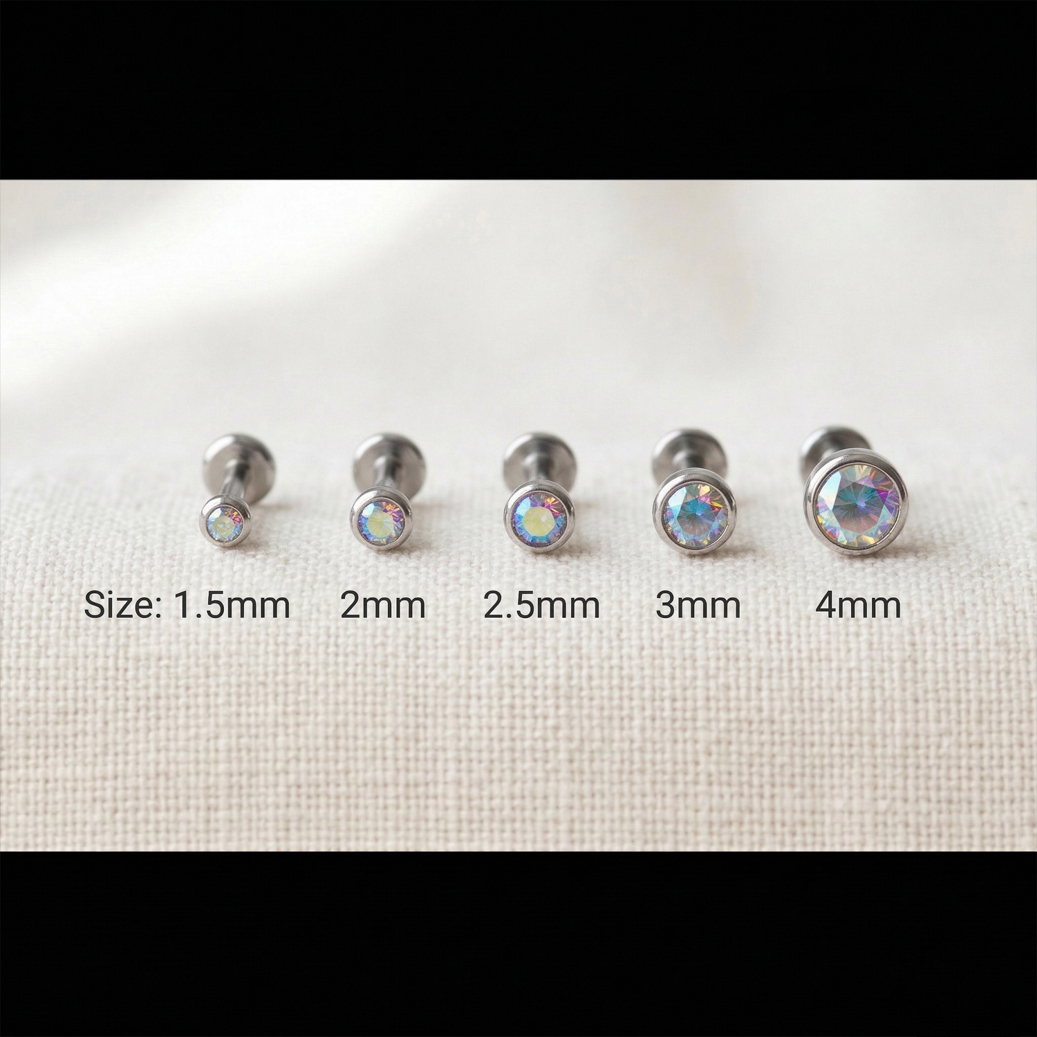 Titanium CZ bezel threadless studs size comparison 1.5mm to 4mm