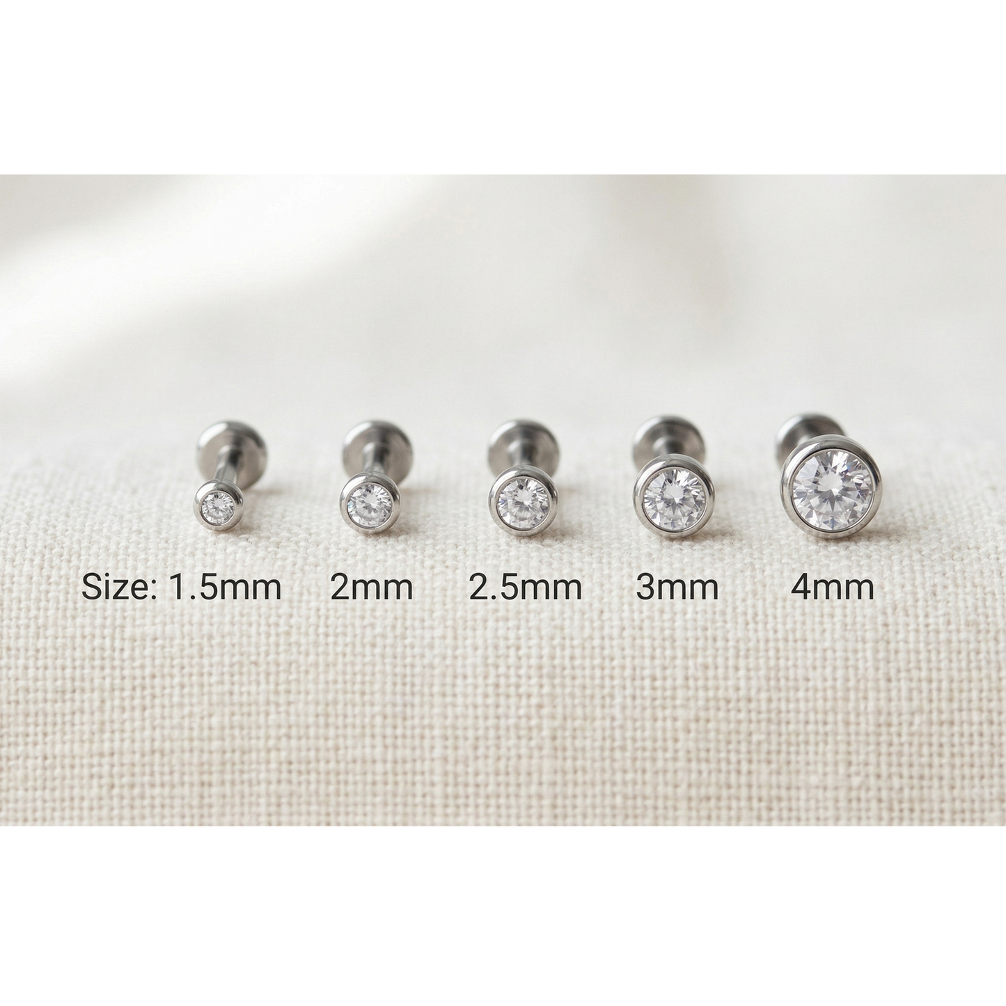 Titanium clear CZ bezel threadless studs size comparison 1.5mm to 4mm