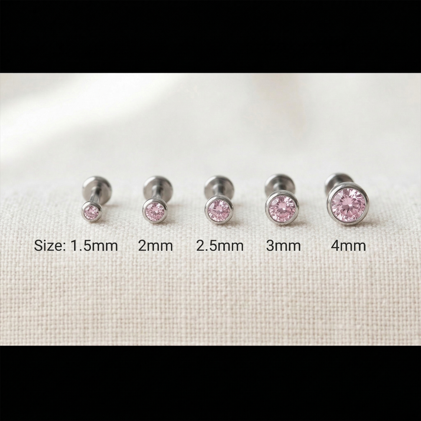Titanium CZ bezel threadless studs size comparison 1.5mm to 4mm