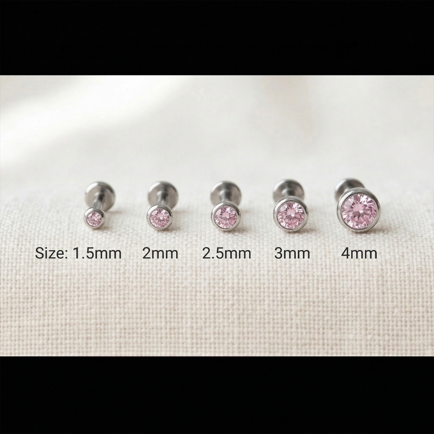 Titanium CZ bezel threadless studs size comparison 1.5mm to 4mm