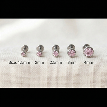 Titanium CZ bezel threadless studs size comparison 1.5mm to 4mm