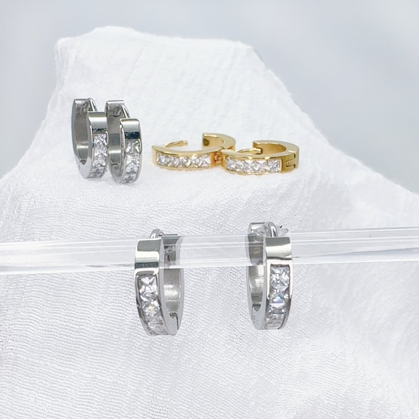 ✨ Stainless Steel Hinged Hoop Earrings with Square CZ