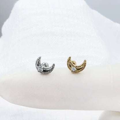 ✨ Surgical Steel Crescent Moon CZ Threaded Flat Back Labret 16G