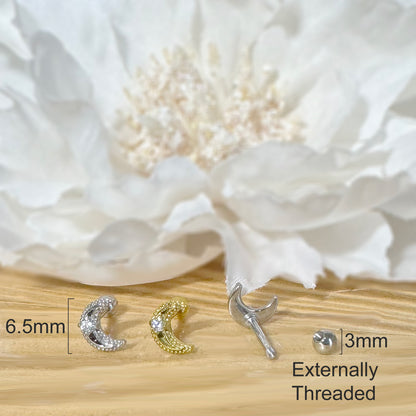 ✨ Surgical Steel Crescent Moon CZ Threaded Flat Back Labret 16G