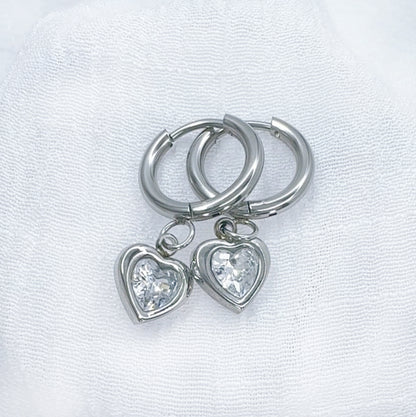 ✨ Surgical Steel Hinged Hoop Earrings with Heart CZ Dangle