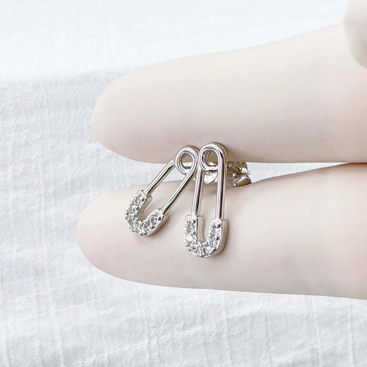 ✨ 925 Silver CZ Safety Pin Stud Earrings