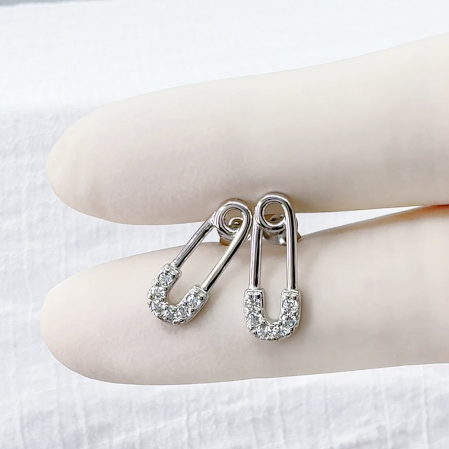 ✨ 925 Silver CZ Safety Pin Stud Earrings