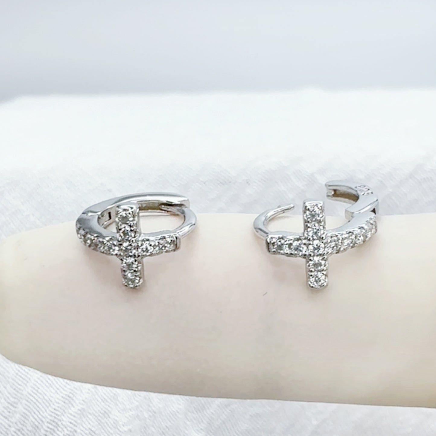 ✨ 925 Silver CZ Huggie Cross Hoop Earrings