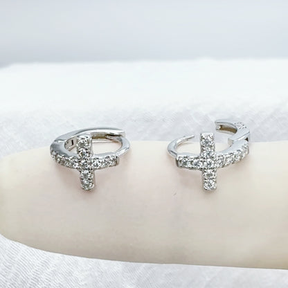 ✨ 925 Silver CZ Huggie Cross Hoop Earrings