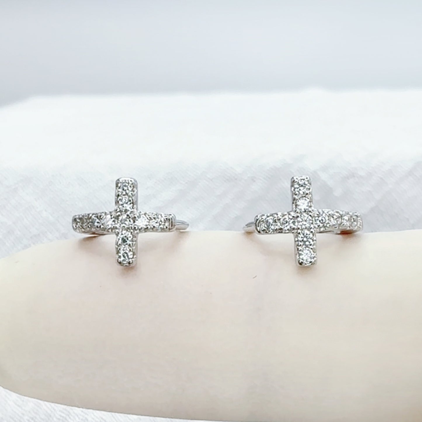 ✨ 925 Silver CZ Huggie Cross Hoop Earrings
