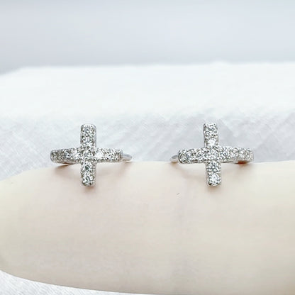 ✨ 925 Silver CZ Huggie Cross Hoop Earrings