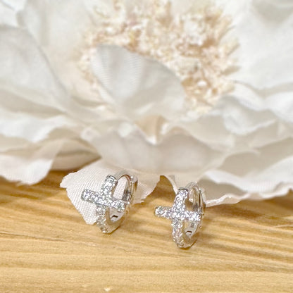 ✨ 925 Silver CZ Huggie Cross Hoop Earrings