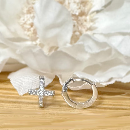 925 Silver CZ Cross Huggie Hoop Earrings
