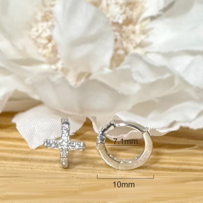 925 Silver CZ Cross Huggie Hoop Earrings
