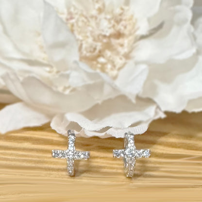 925 Silver CZ Cross Huggie Hoop Earrings