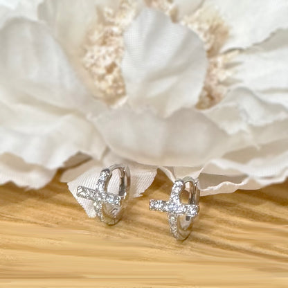 925 Silver CZ Cross Huggie Hoop Earrings