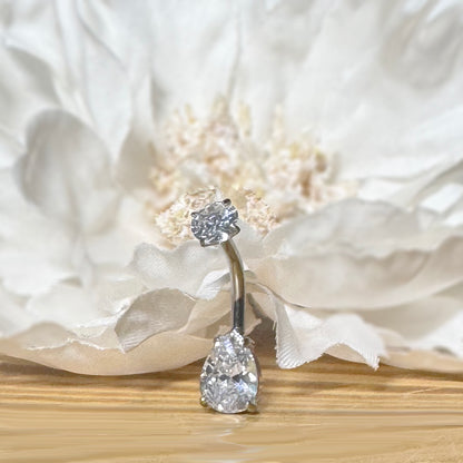 ✨ 316L Surgical Steel Internally Threaded Prong Set Teardrop CZ Belly Button Ring 14G 10mm