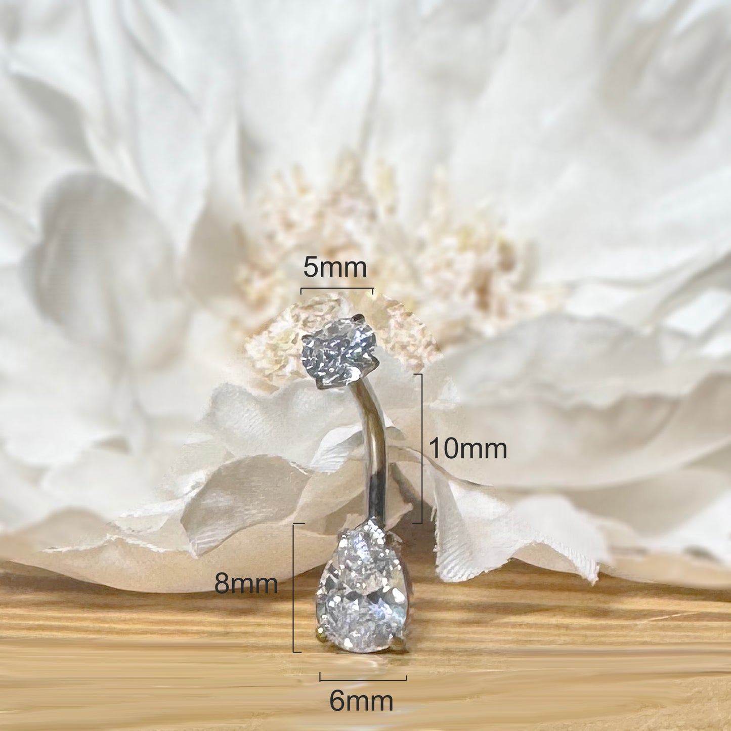 ✨ 316L Surgical Steel Internally Threaded Prong Set Teardrop CZ Belly Button Ring 14G 10mm