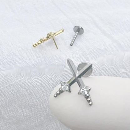 ✨ Titanium Threadless Push In Cross Sword with CZ Top Labret Bar Stud
