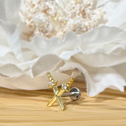 ✨ Titanium Threadless Push In Cross Sword with CZ Top Labret Bar Stud