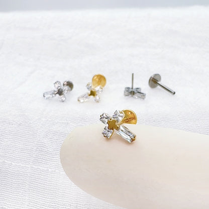 Titanium threadless labret with CZ cross top for ear piercing
