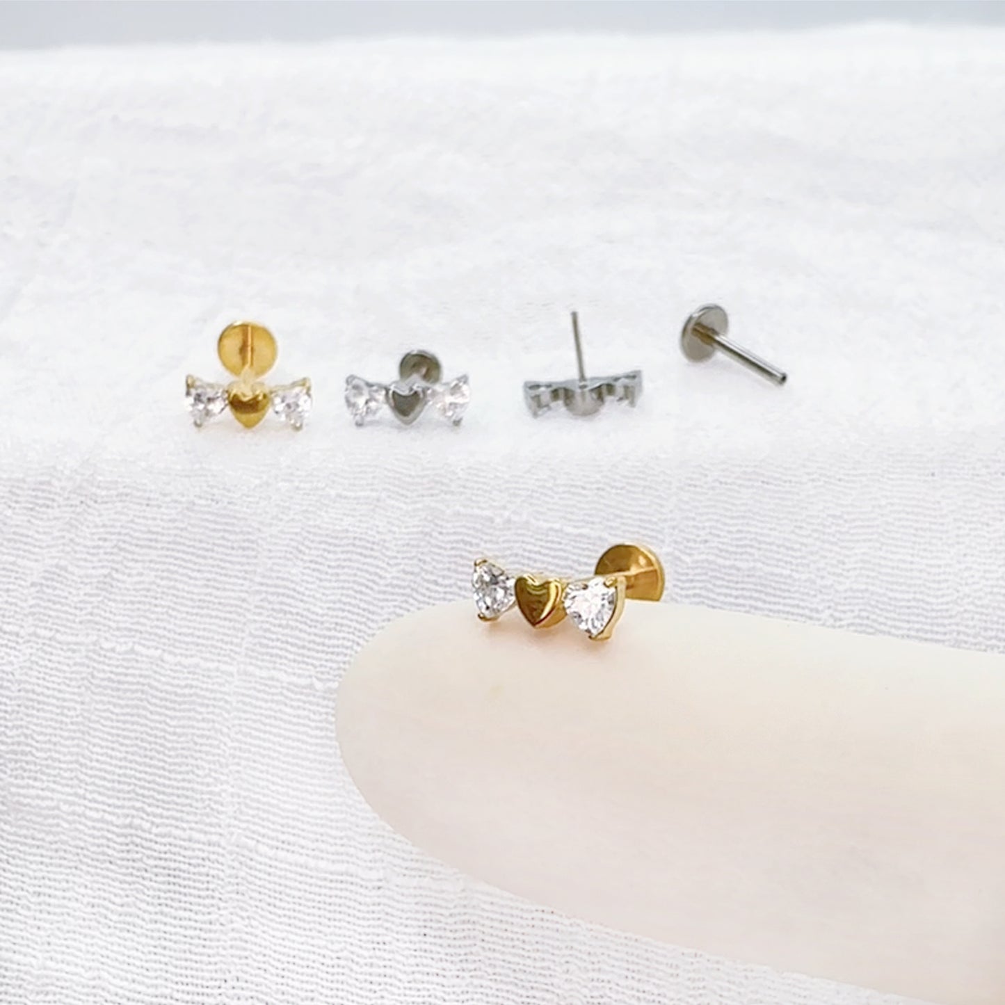 Titanium Triple Heart CZ Threadless Stud