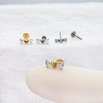 Titanium threadless labret with CZ triple heart top for ear piercing
