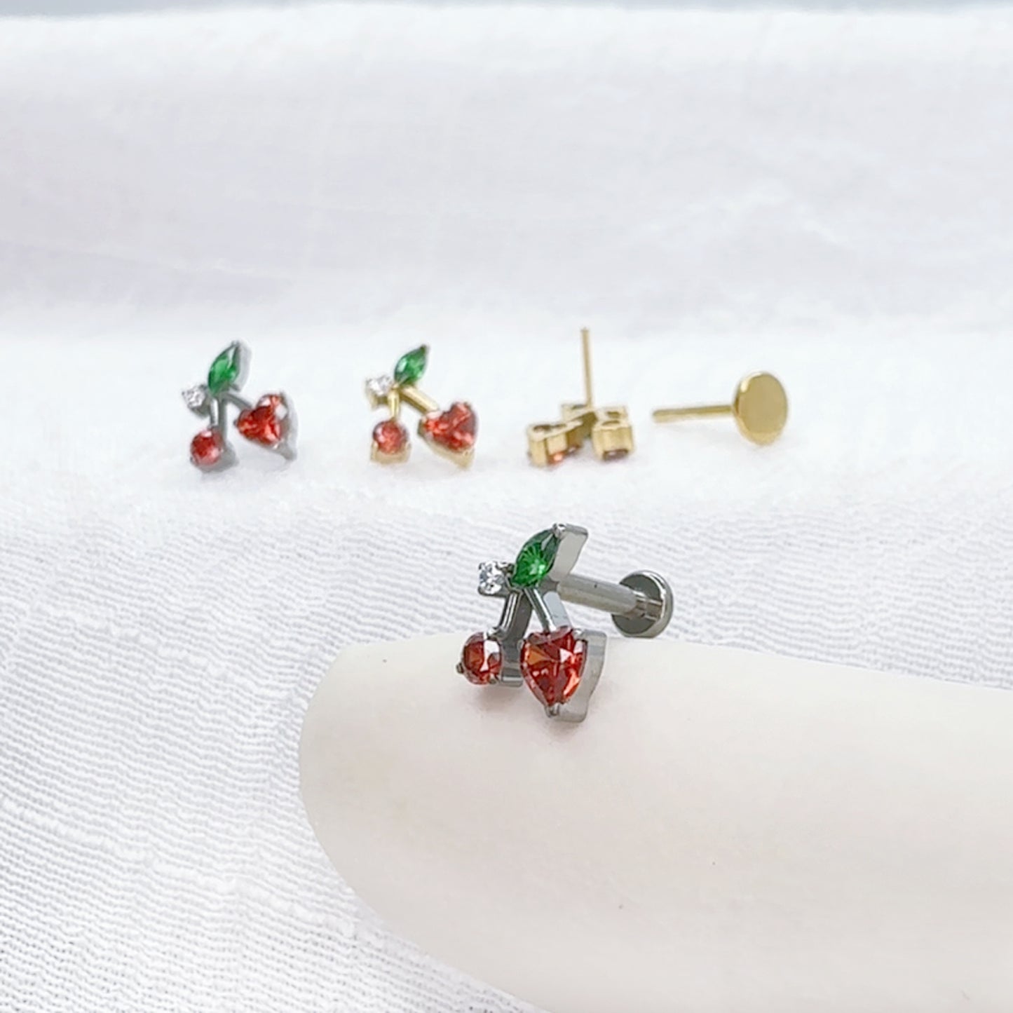 ✨ Titanium Threadless Push In CZ Cherry Top Labret Bar Stud