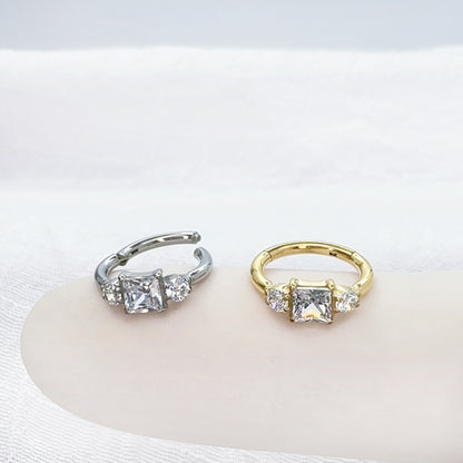 Titanium hinged hoop ring with square and round geometric design
