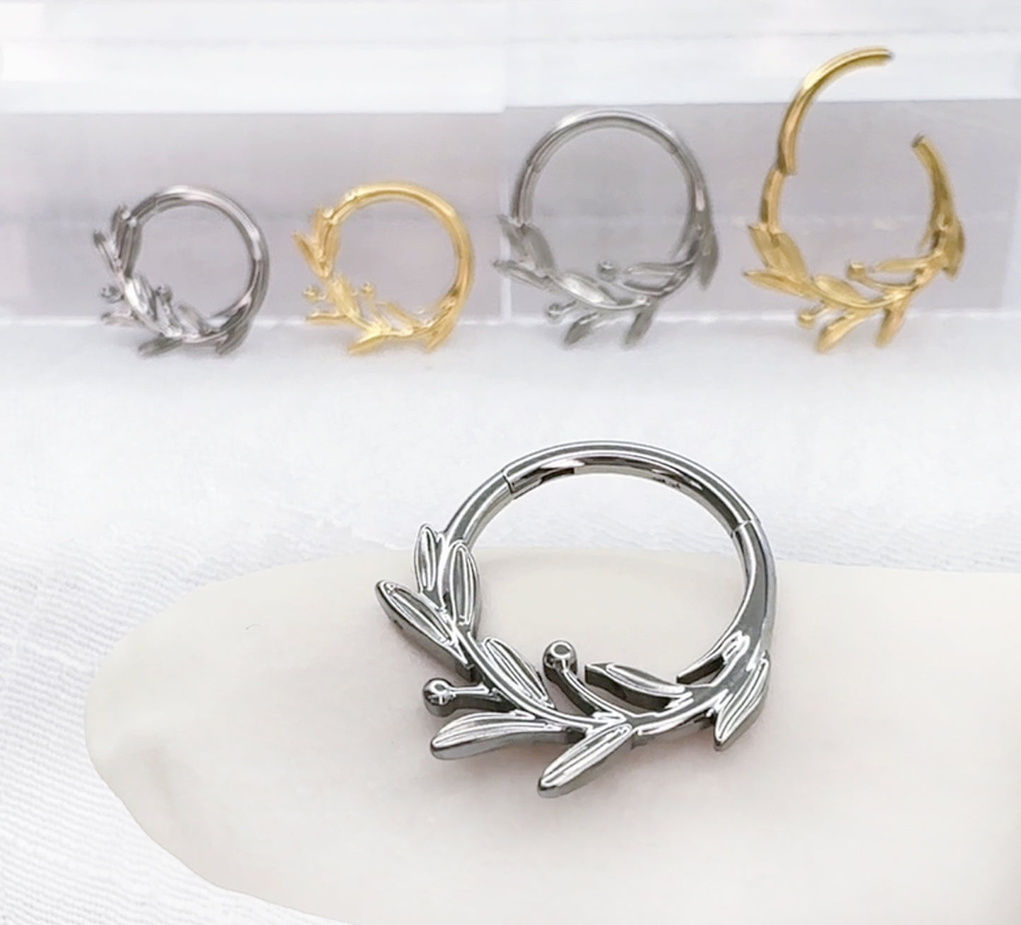 Titanium leaf branch hinged segment hoop ring for daith and septum
