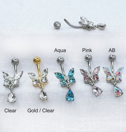 Surgical steel butterfly dangle belly button ring with CZ stones