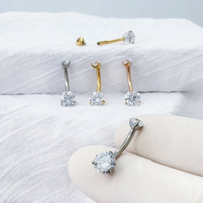 Titanium prong-set CZ belly button ring curved barbell
