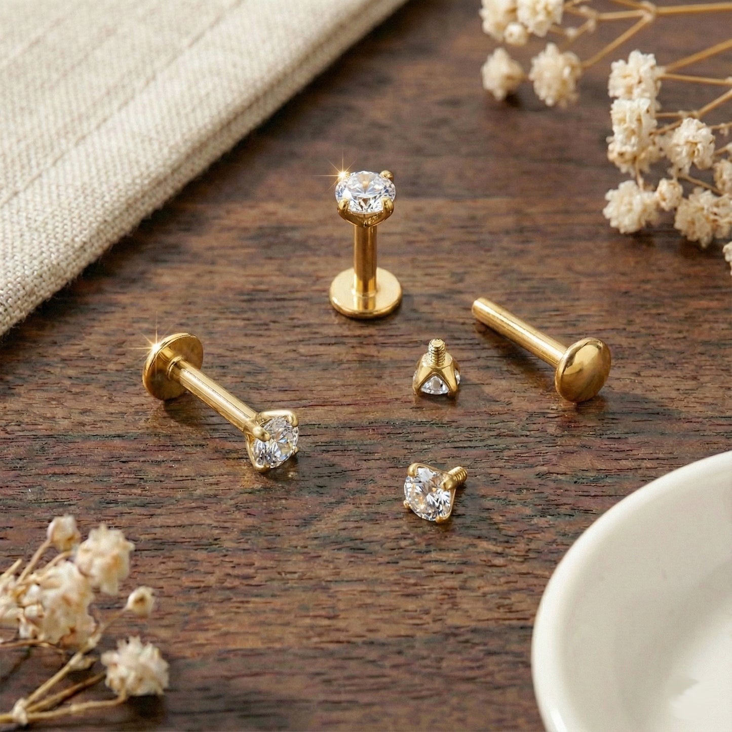 24K Gold Titanium Threaded Convex Labret with CZ Stud