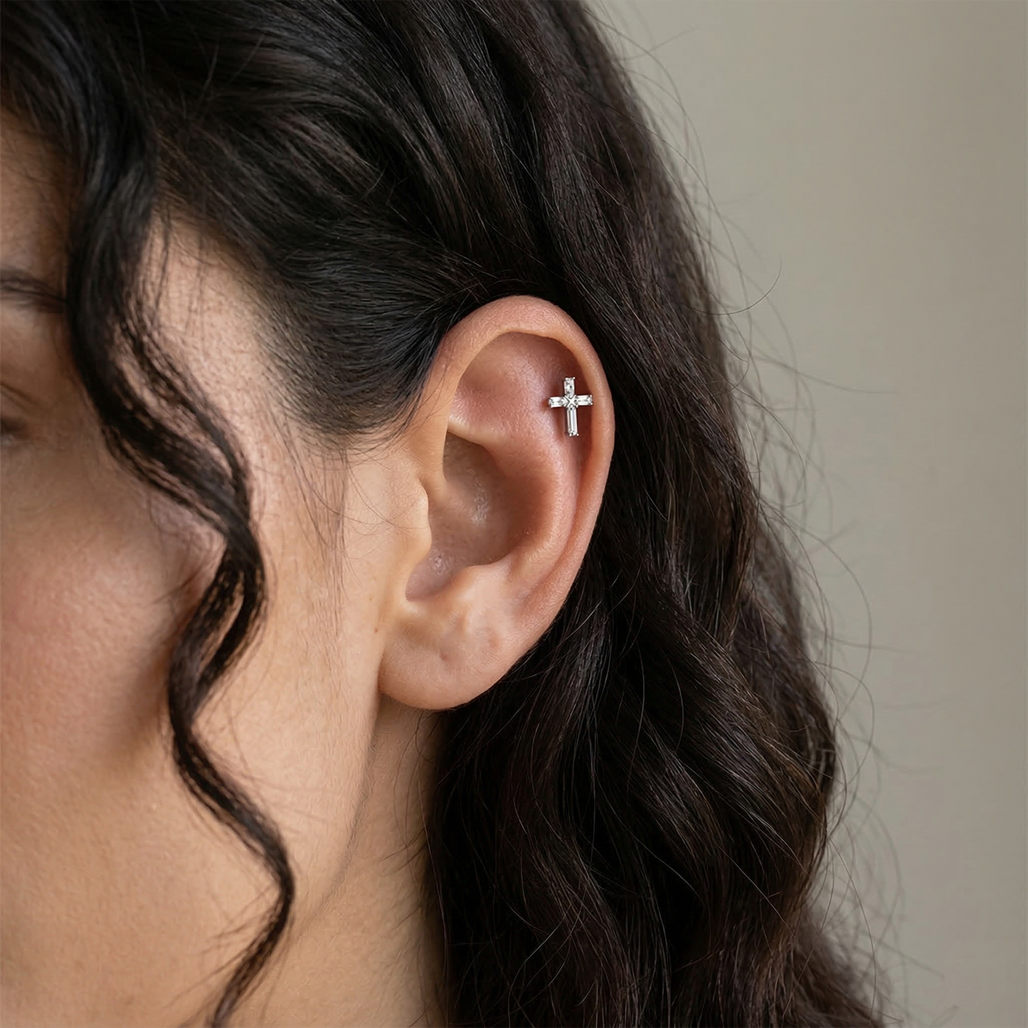 Titanium Baguette CZ Cross Threadless Stud