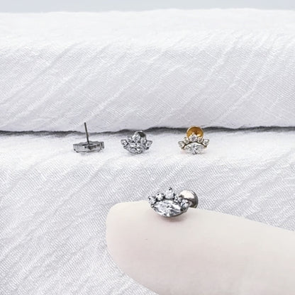 Titanium threadless labret with marquise CZ cluster top for helix piercing
