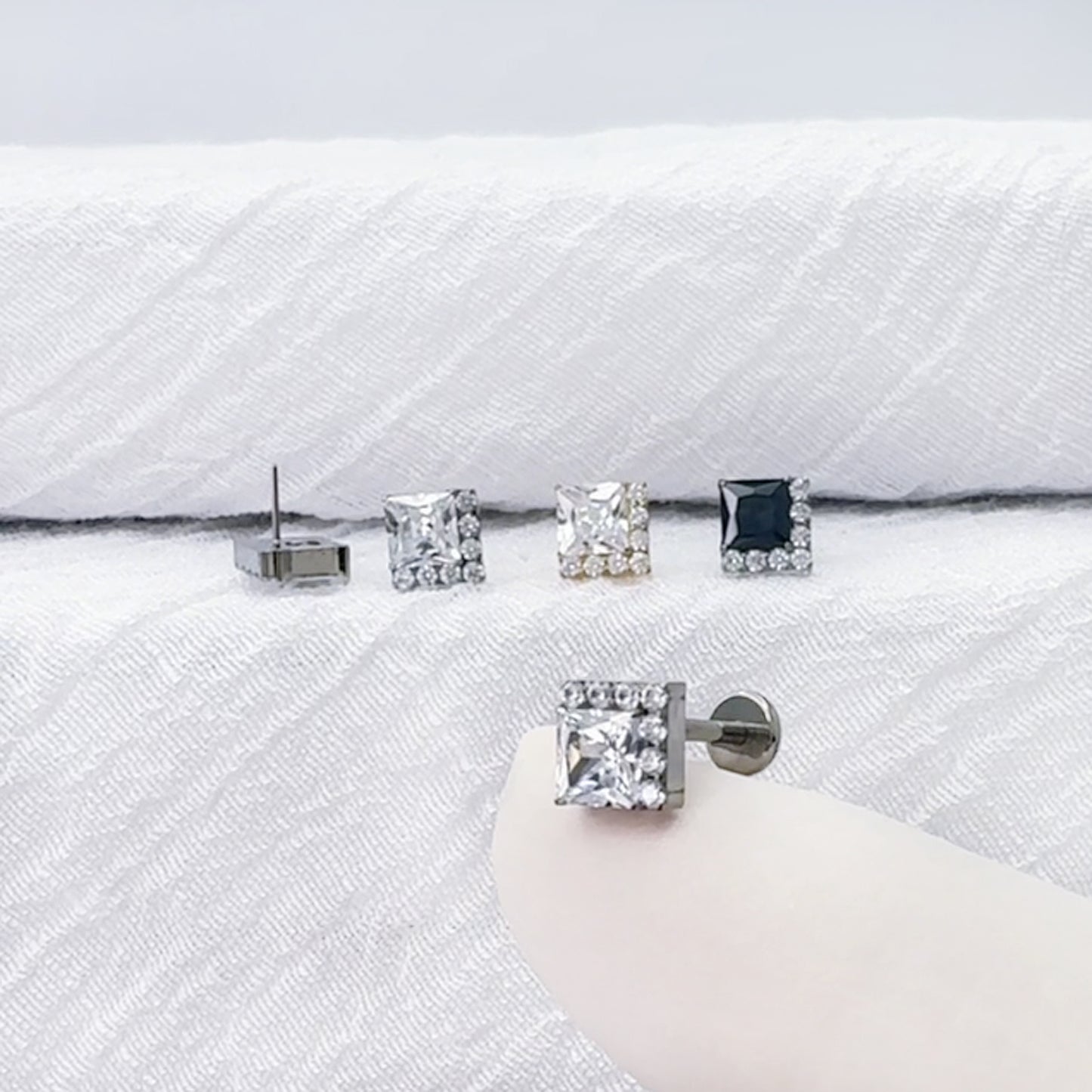 Titanium Square Pave CZ Threadless Stud