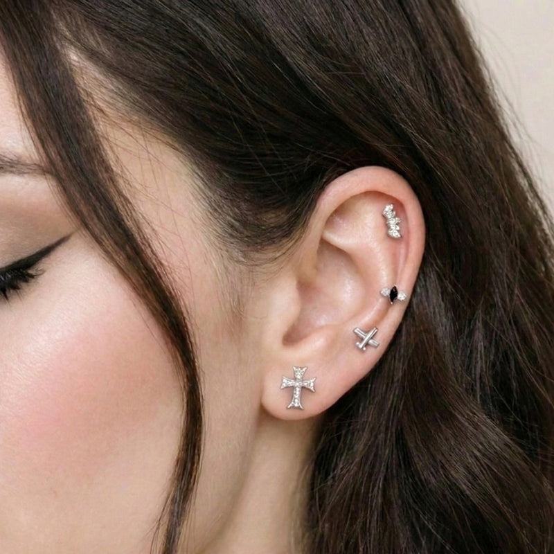 The Edge Stack - 4 piece titanium gothic CZ ear stack with cross and statement studs