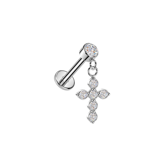 Titanium CZ cross dangle threadless stud on white background
