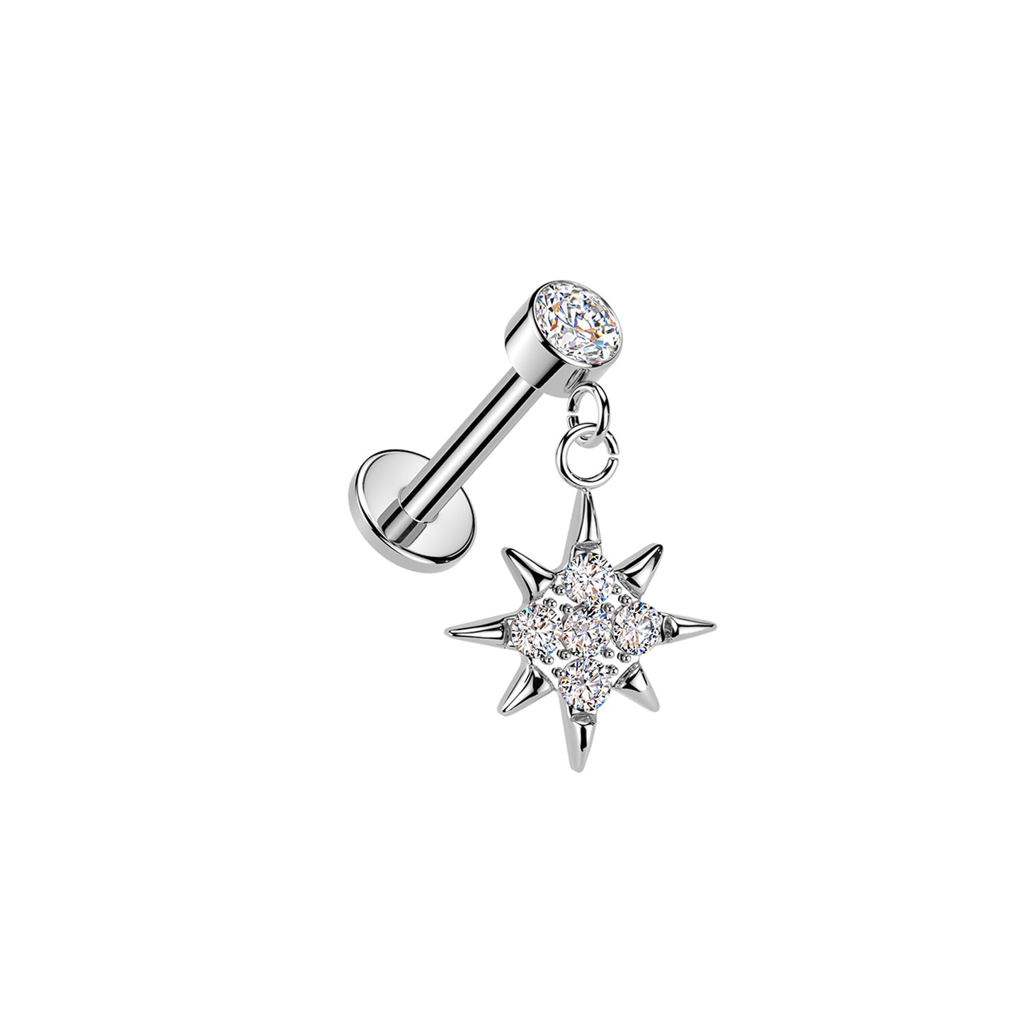 Titanium CZ north star cross dangle threadless stud on white background
