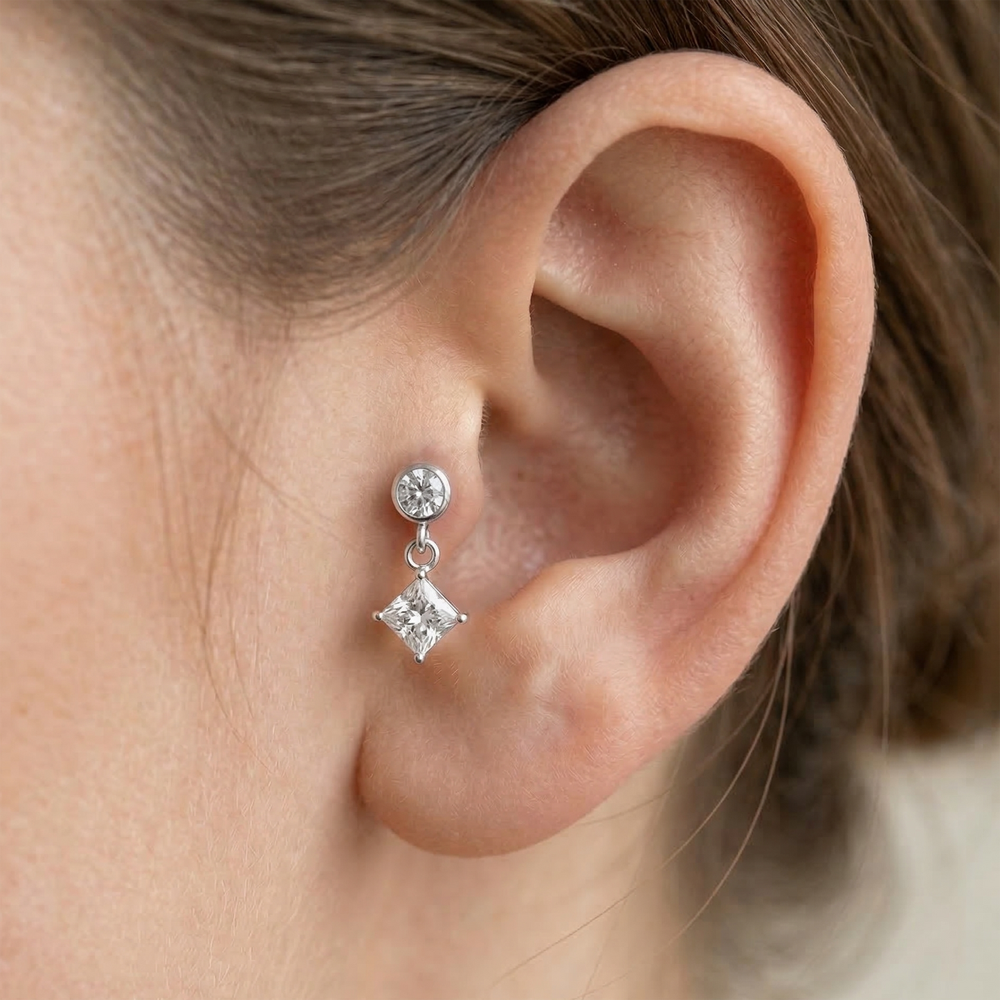 Surgical Steel Diamond CZ Dangle Threaded Flat Back Stud 16G