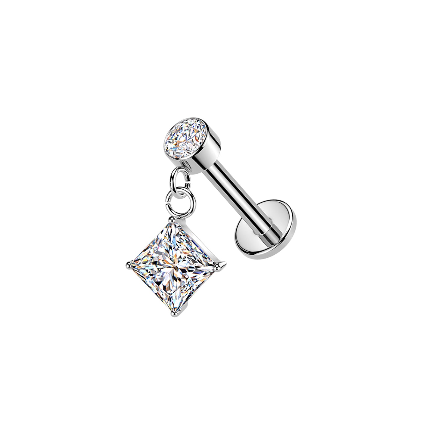 Surgical Steel Diamond CZ Dangle Threaded Flat Back Stud 16G