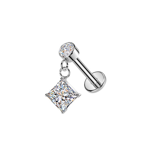 Surgical Steel Diamond CZ Dangle Threaded Flat Back Stud 16G