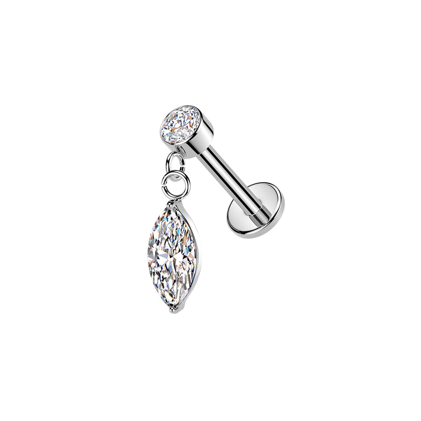 Surgical Steel Marquise CZ Dangle Threaded Flat Back Stud 16G
