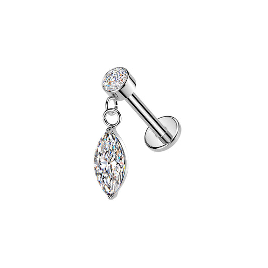 Surgical Steel Marquise CZ Dangle Threaded Flat Back Stud 16G