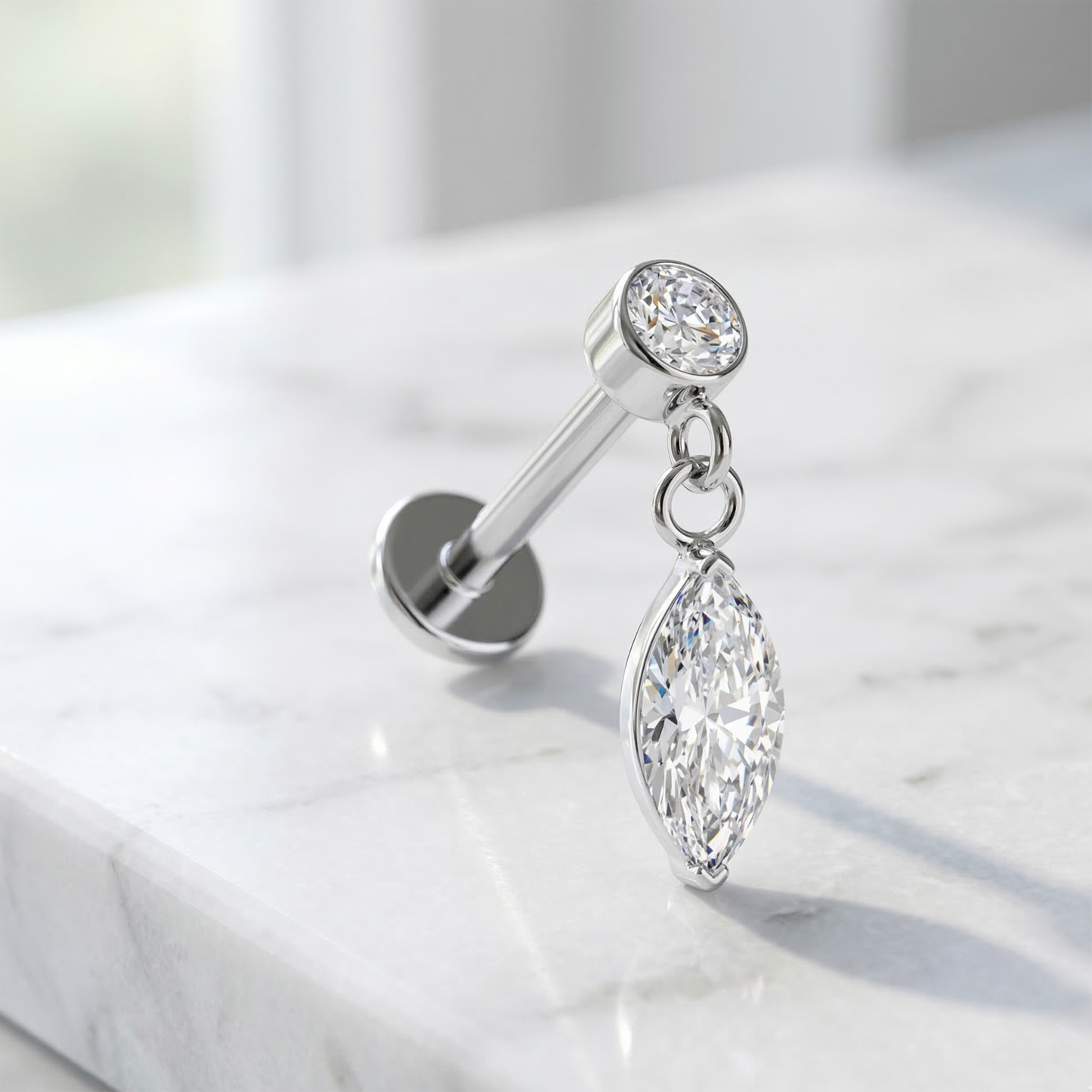 Surgical Steel Marquise CZ Dangle Threaded Flat Back Stud 16G