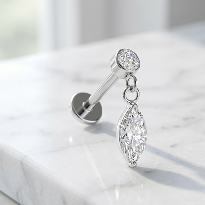 Surgical Steel Marquise CZ Dangle Threaded Flat Back Stud 16G