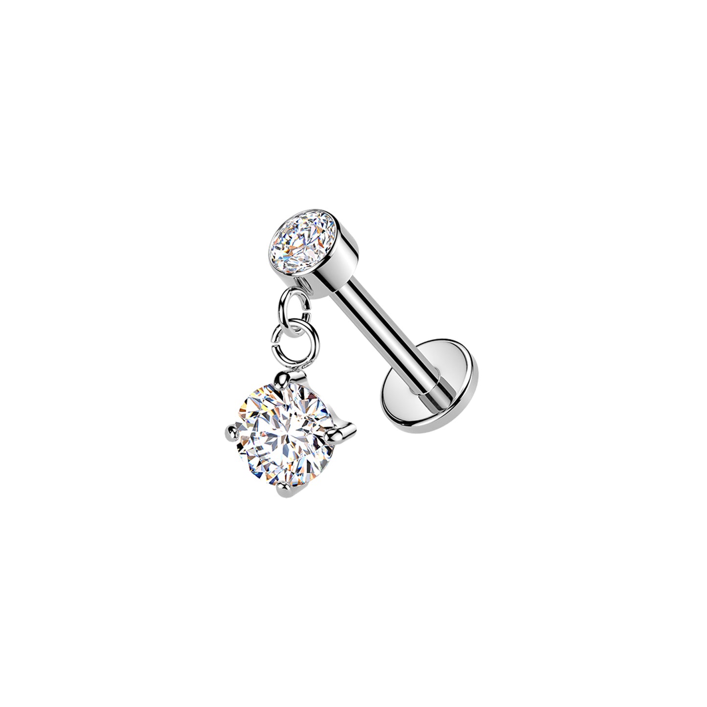 Surgical Steel Round CZ Dangle Threaded Flat Back Stud 16G